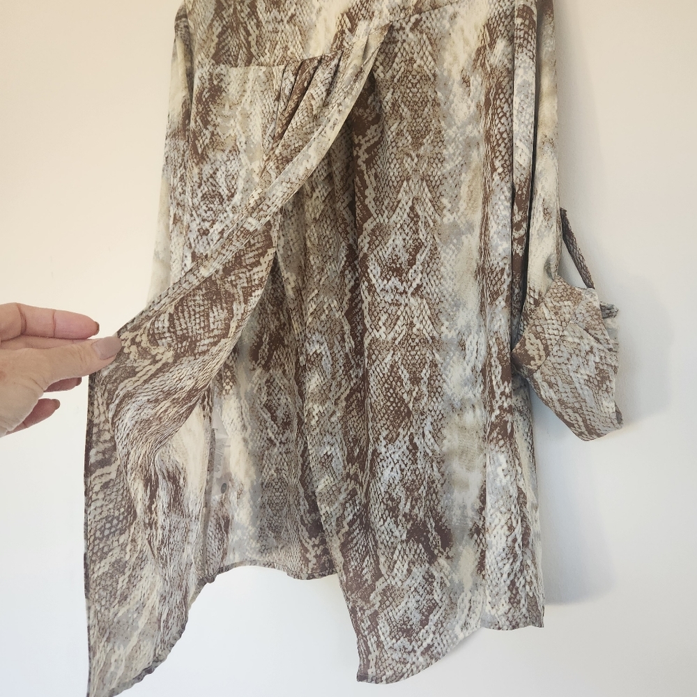 Mieka Snake Animal Print Open Back Blouse Brown Beige Sheer Flowy Top Mobwife L - Picture 7 of 12